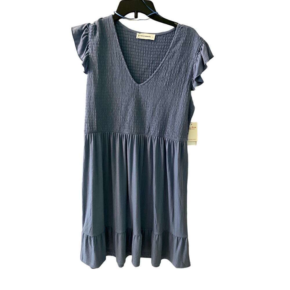 Lucky Brand Fit & Flare Dress Women's XL Blue Polyester Stretch Smocked V-Neck
